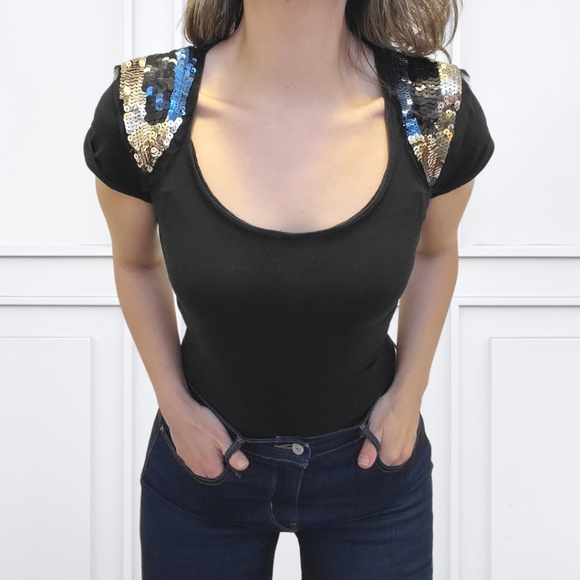 Sequin Shoulder Short Sleeve Top - Picture 2 of 9